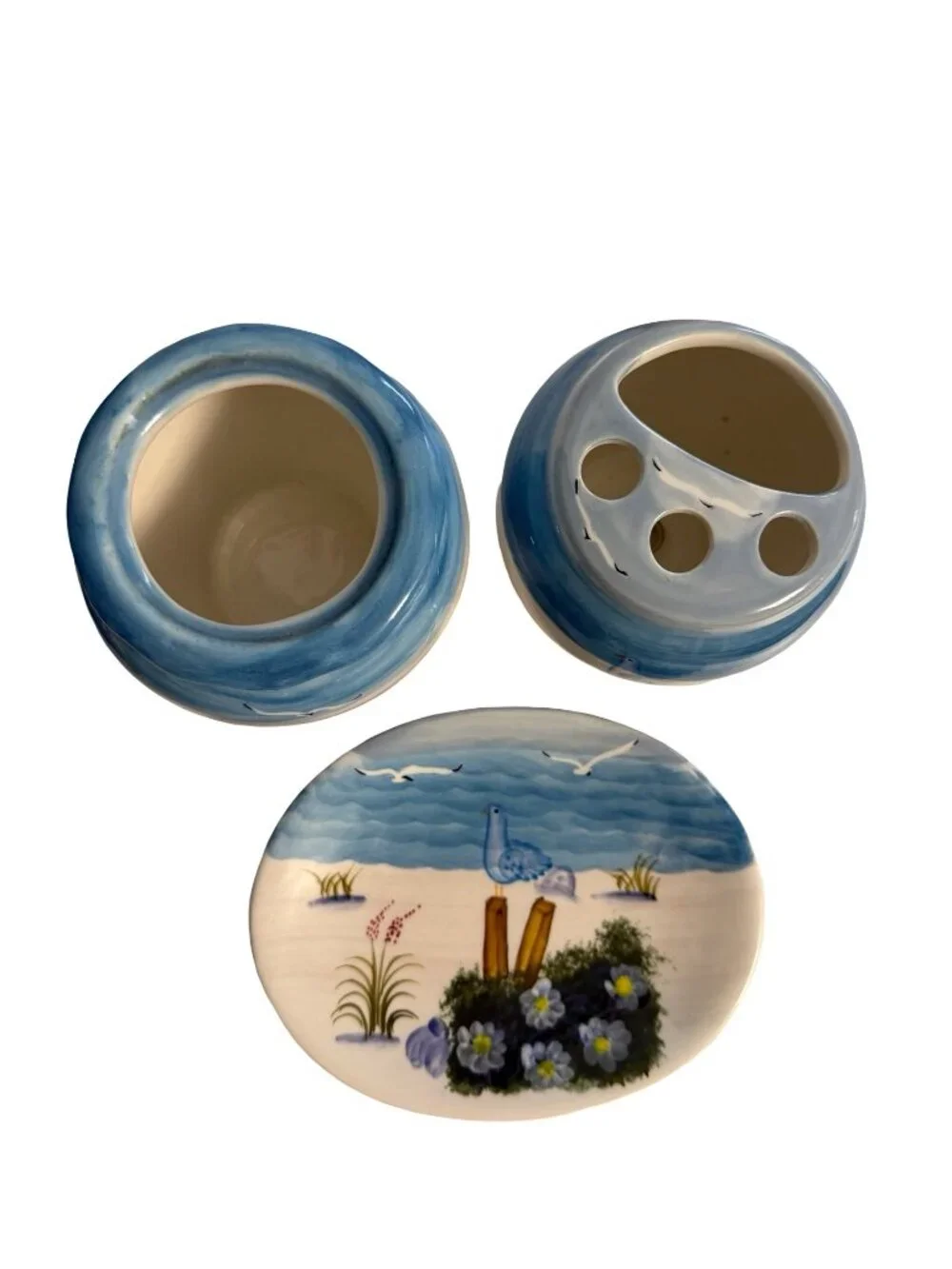 Vintage Coastal Ceramic Bathroom Set Seagull Toothbrush Holder Vanity Tray Blue